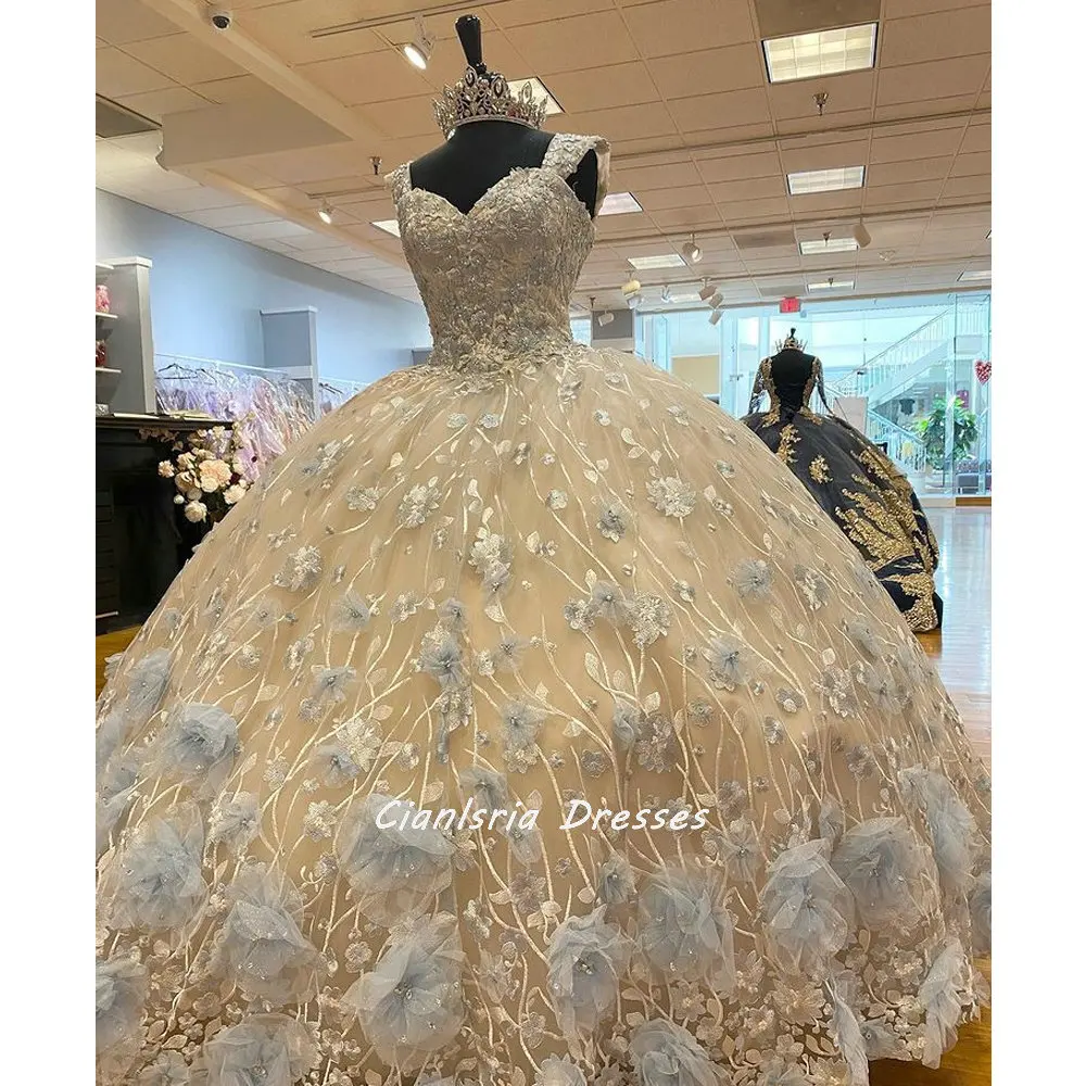 Robe de soirée en dentelle pour filles, épaules dénudées, couleur Champagne, avec des Appliques en dentelle, style Quinceanera, avec des fleurs 3D, Corset, 15 pièces