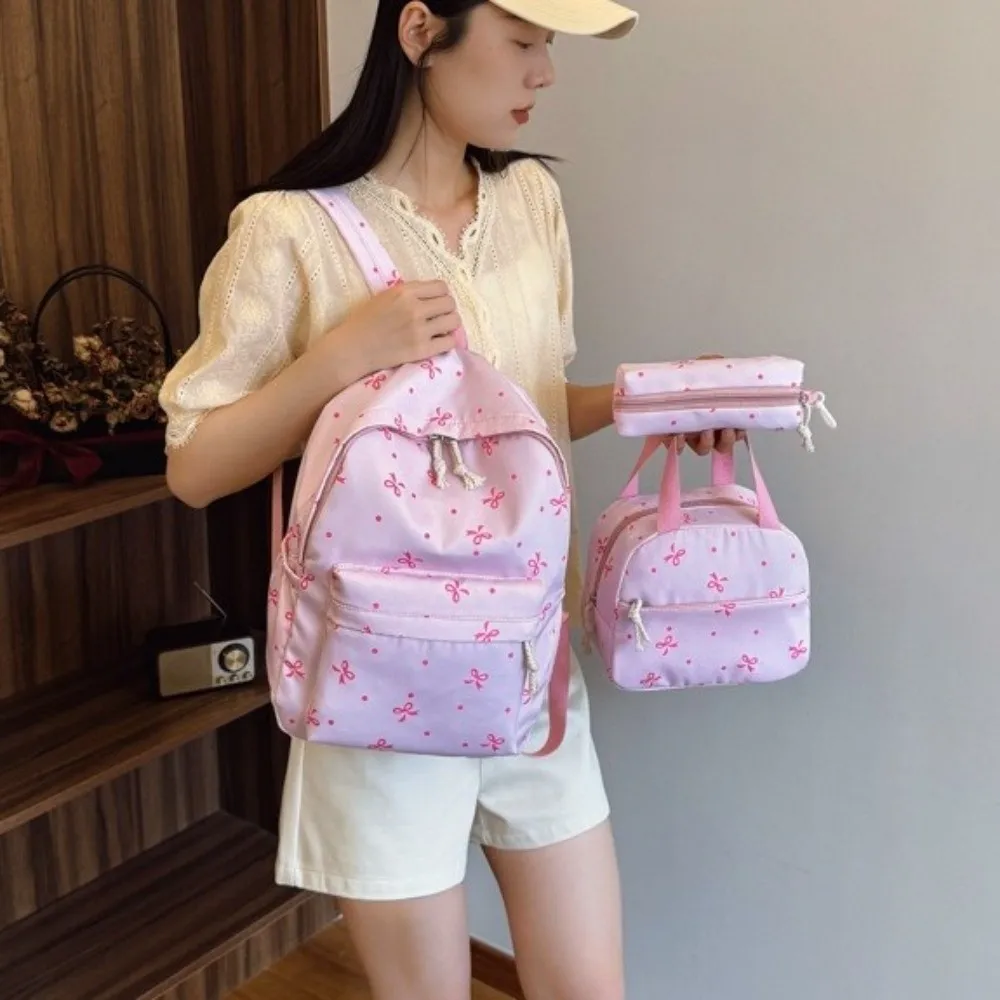 Daypack Three-piece School Bag Set with Pen Bag Handbag Nylon Bow Backpack Large Capacity Scratch Prevention Students School Bag