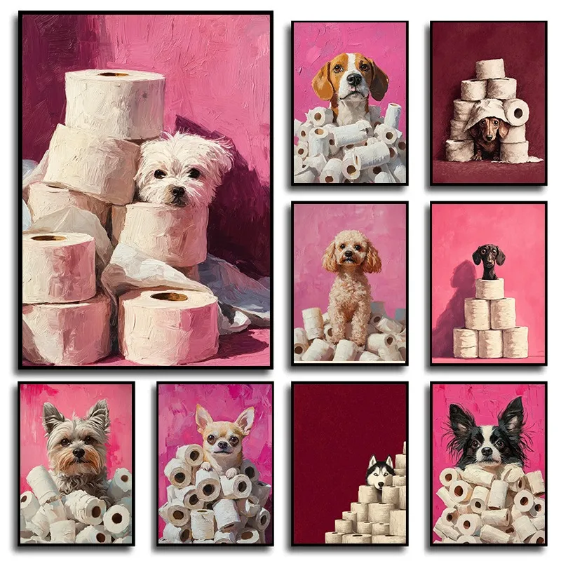 Divertido papel higiénico con estampado de perros, póster artístico de pared de baño de varias razas, pastor alemán maltés, Papillon, decoración de perro, sala de baño