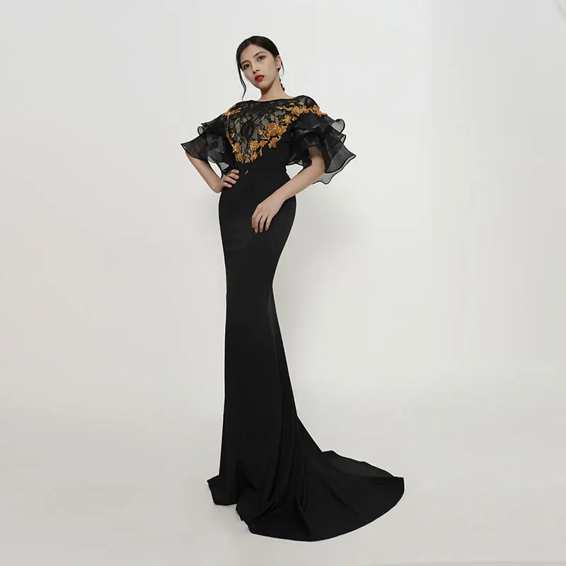 Baisha Evening Luxury Dress 2024 Lace Lotus Leaf Cuffs Flower Design Women Long Skirt With Detachable Black Belt For Party H693