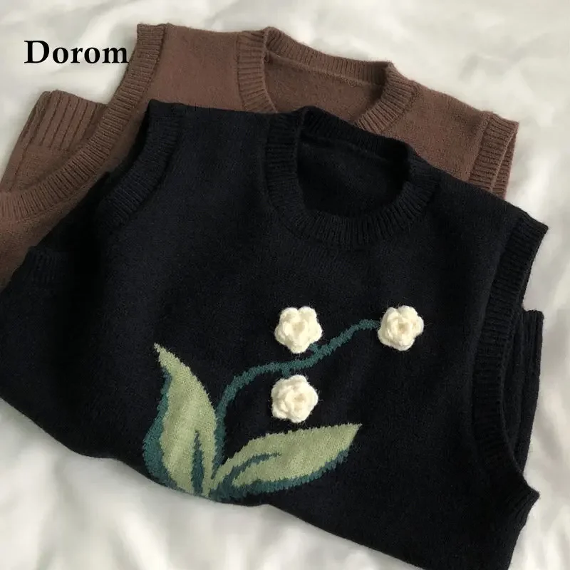 

Vintage Flower Embroidery Sweaters Vest Women O-neck Knitted Vest Sweet Korean Style Loose Casual Sleeveless Pullover Female Top