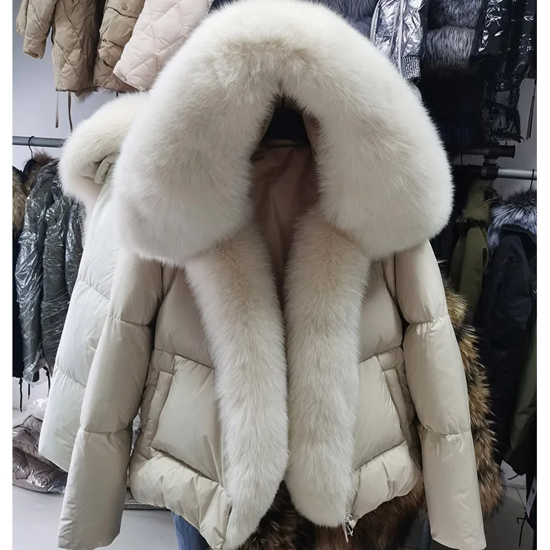 MAOMAOKONG-Chaqueta de plumón de pato para mujer, parkas gruesas de lujo con cuello de piel de zorro Real Natural, abrigo suelto cálido de invierno,