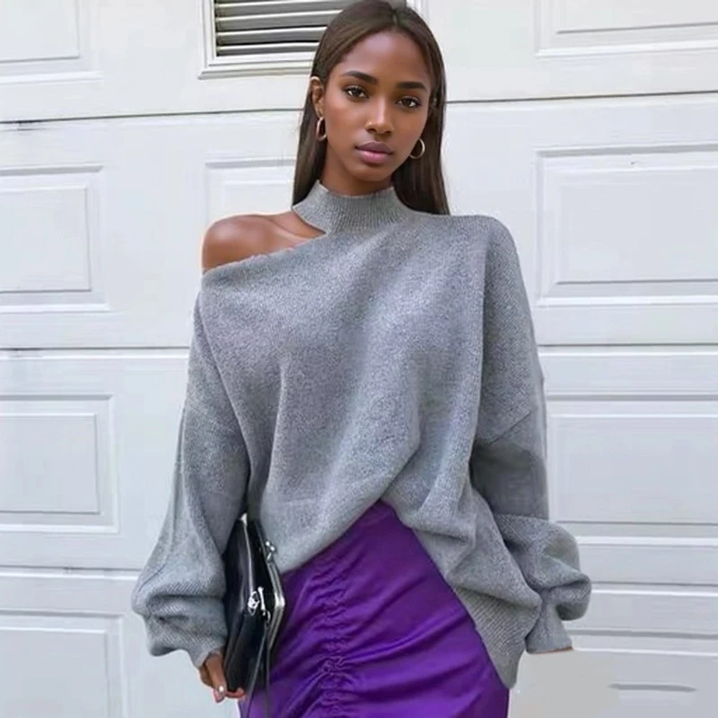 

NEW Chic Elegant Off-the-shoulder Turtleneck Knitted Irregular Women Sweater Loose Tops Pullover Jumper CasualFall Winter