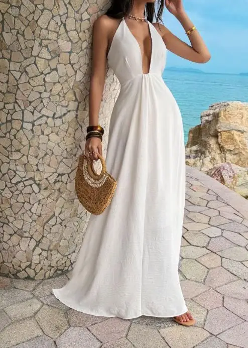 

Women's Dress Summer Sexy New Deep V-Neck Solid Color High Waist Backless A-Line Hanging Neck Dress Suitable for Beach Vacations