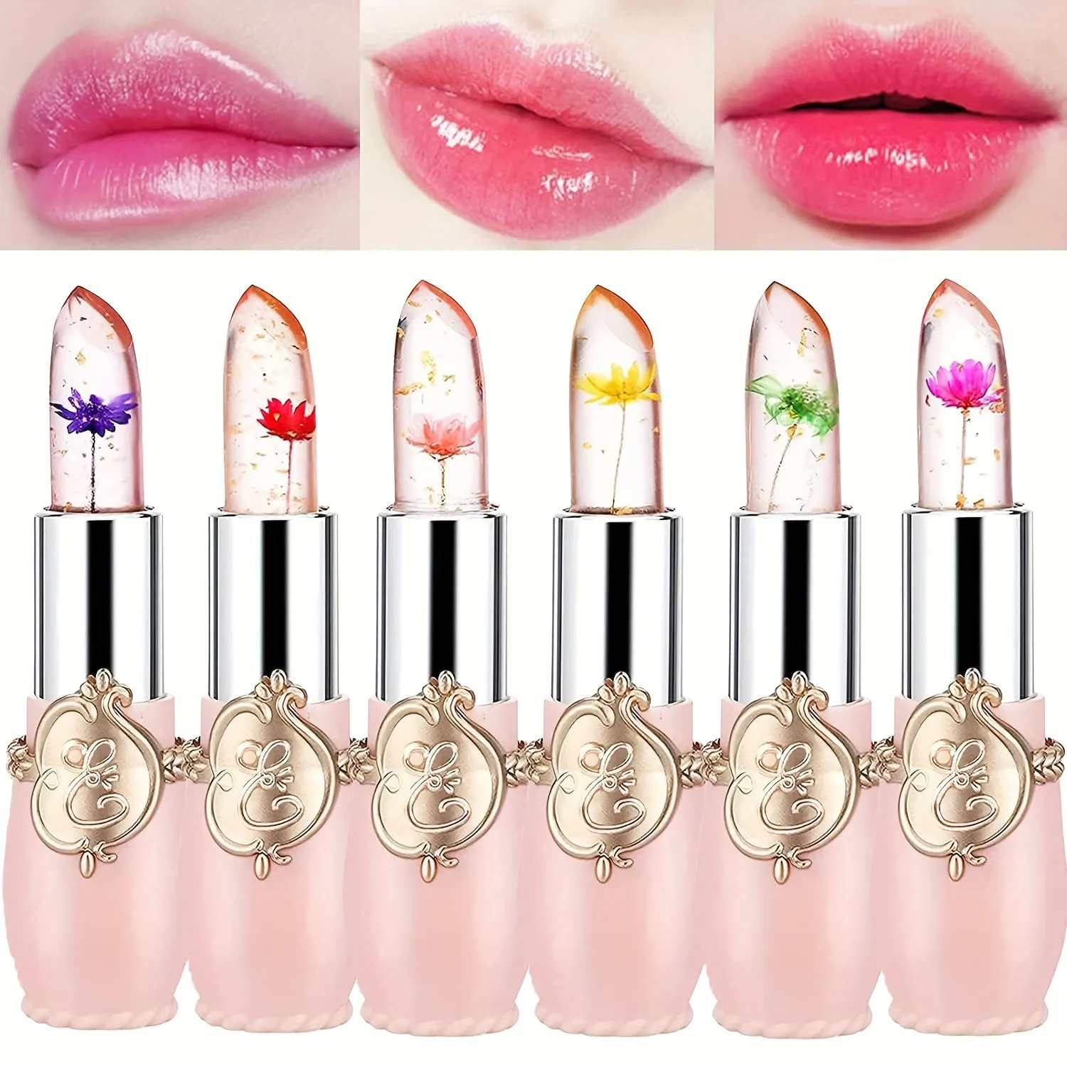 6pcs Crystal Jelly Flower Lipstick Temperature Color Changing Lip Balm Makeup Moisturizing Long Lasting Magic Lipsticks