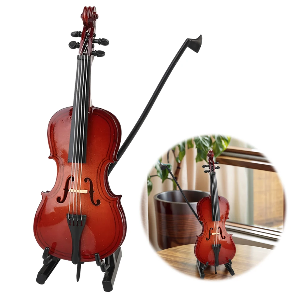Wooden Miniature Cello W/ Stand & Bow Mini Musical Instrument Decoration Miniature Wood Violin for Music Lovers Craft Collector - view 2
