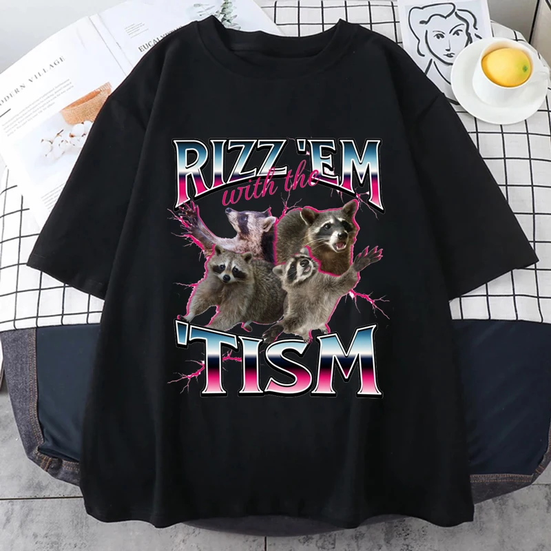 Funny Rizz Em Autism Racoon Vintage T-shirt for Women Men Fashion Hip Hop Short Sleeve T Women Summer Comfortable Tee T-shirt