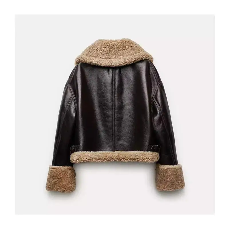 معطف نسائي مزدوج الجوانب من الجلد والفراء Jaet Biker Sle ماركة Z فضفاض مناسب طويل Sve سحاب إغلاق ملابس خارجية شتوية
