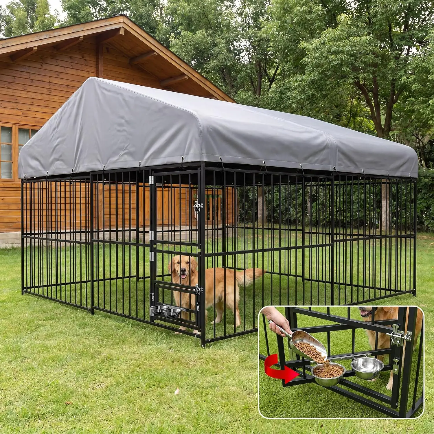 Outdoor Dog Kennel With Roof, 10x10x7 FT Heavy Duty Dog Run With Adjustable Bowls For Yard, Medium Large Dogs, Customized