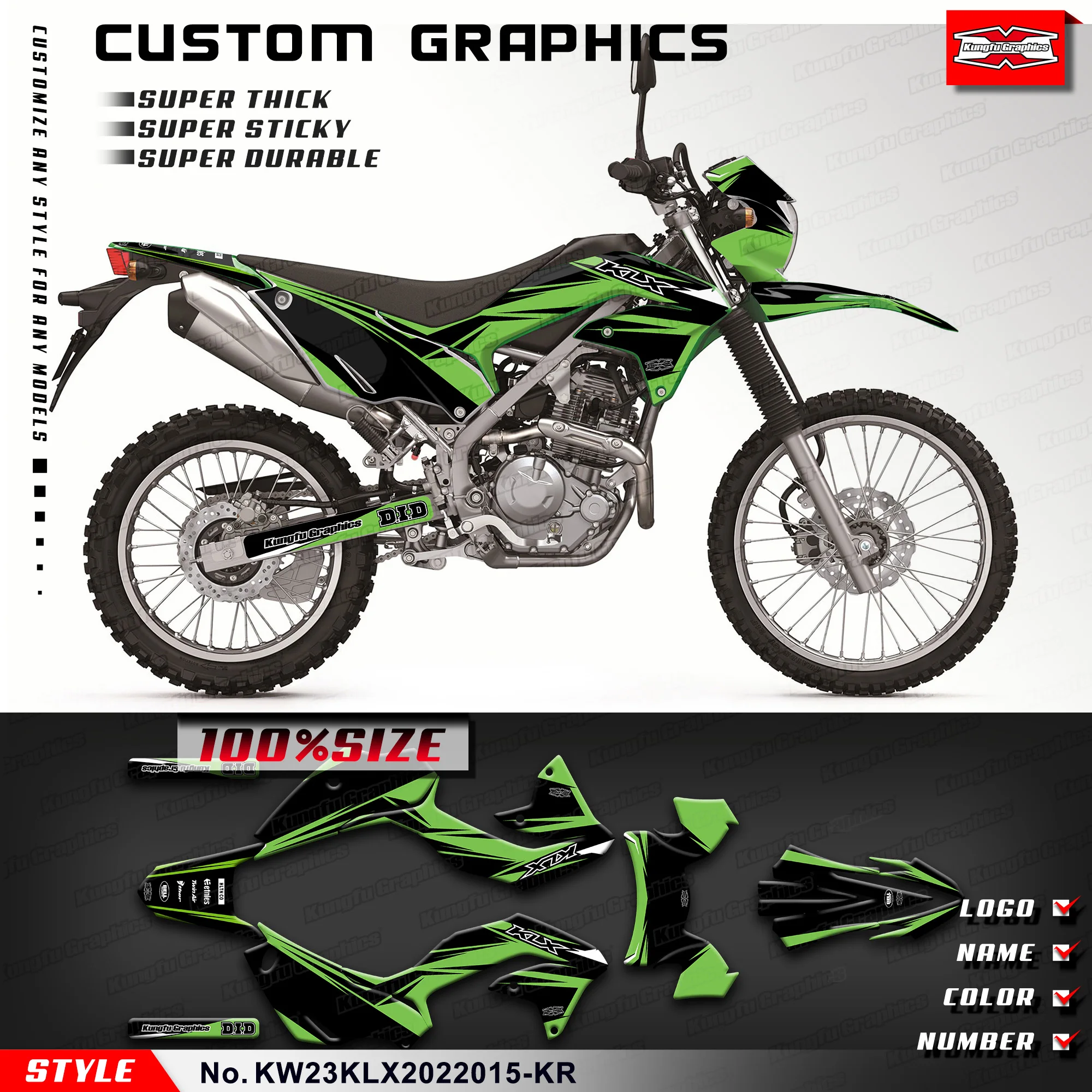 

KUNGFU GRAPHICS Adhesive Sticker Vinyl Graphics Kit for Kawasaki KLX230 KLX 230 2020 2021 2022, KW23KLX2022015-KR
