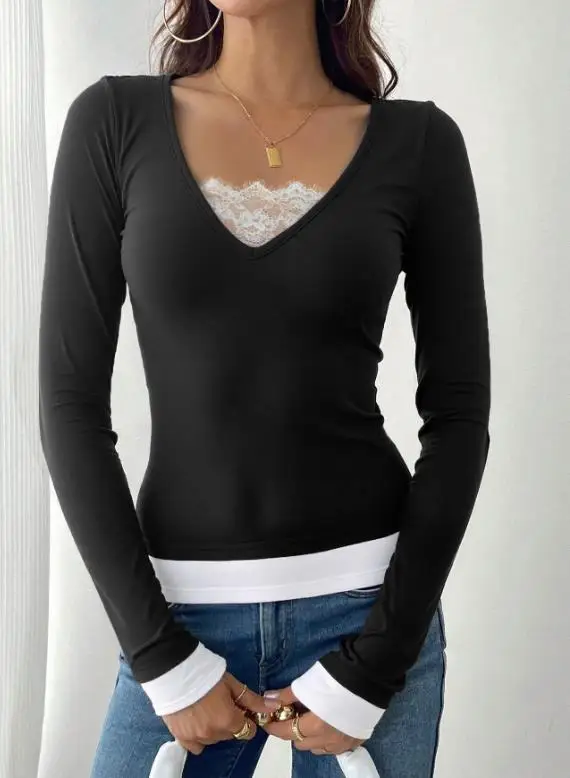 

Autumn and Winter Pure Desire Wind Sexy V-neck Long sleeved T-shirt Women's Design Sense Color Contrast Fake Two piece Waist Top