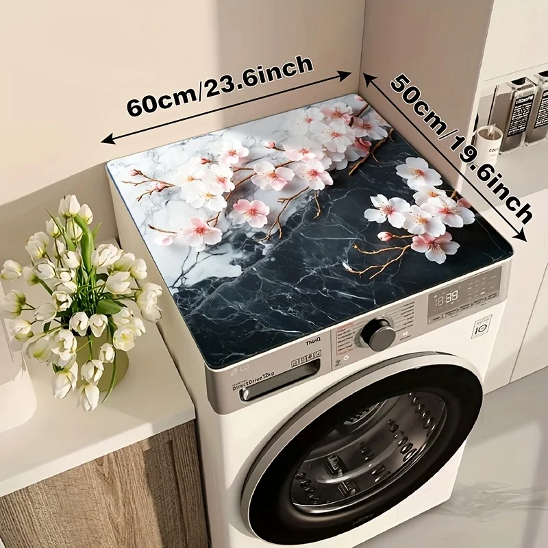 VIKAMA Black And White Marble Cherry Blossom Washing Machine Dust Cover Dryer Fireplace Easy-To-Clean Kitchen Decoration