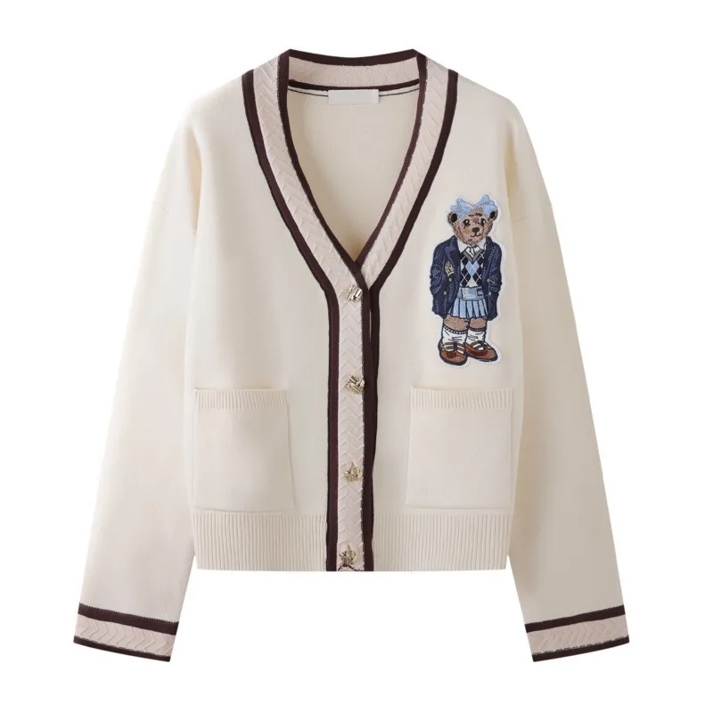 

Высококачественный легкий роскошный вязаный кардиган с французским медведем для женщин, новый модный повседневный свободный свитер, пальто, женские пальто
