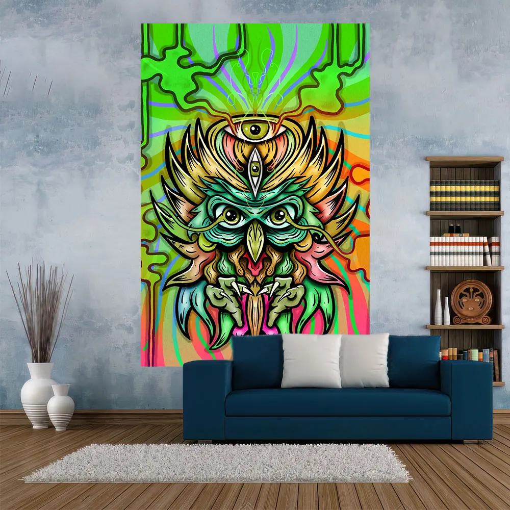 Psychedelic Colorful Owls Printed Tapestry Dark Evil Style Wall Hanging Cloth Yoga Mat Bedroom Or Living Room Decoration