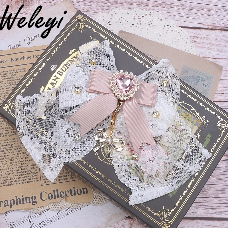 

Japanese Lolita Headwear Sweet Hairpin Female Mine Headdress Handmade Cute Woman Lace Rhinestone Bow Love Pendant Side Clips