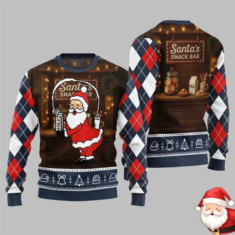 Weihnachten 2025, seltsamer Weihnachtsmann, Snackbar, hässlicher Weihnachtspullover für Männer, kariertes Langarm-Sweatshirt, neue Festival-Geschenkkleidung