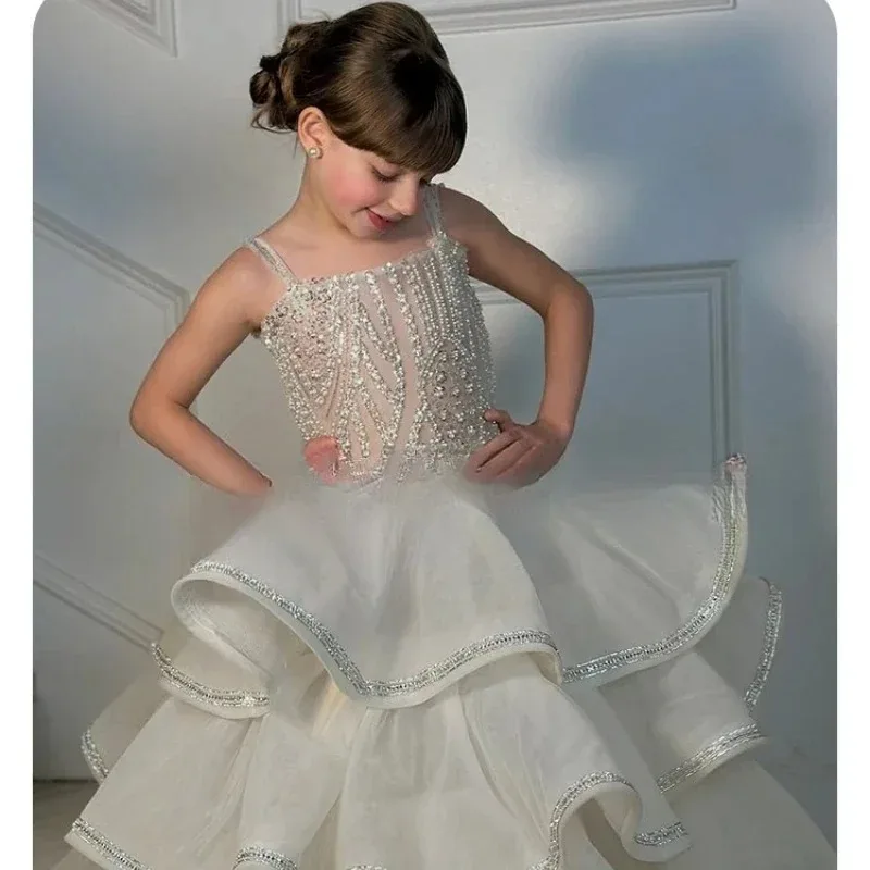Suspender Flower Girl Dresses for Wedding Crystal Layered Floor Length Gown for Photoshoot First Communion Gowns Customized