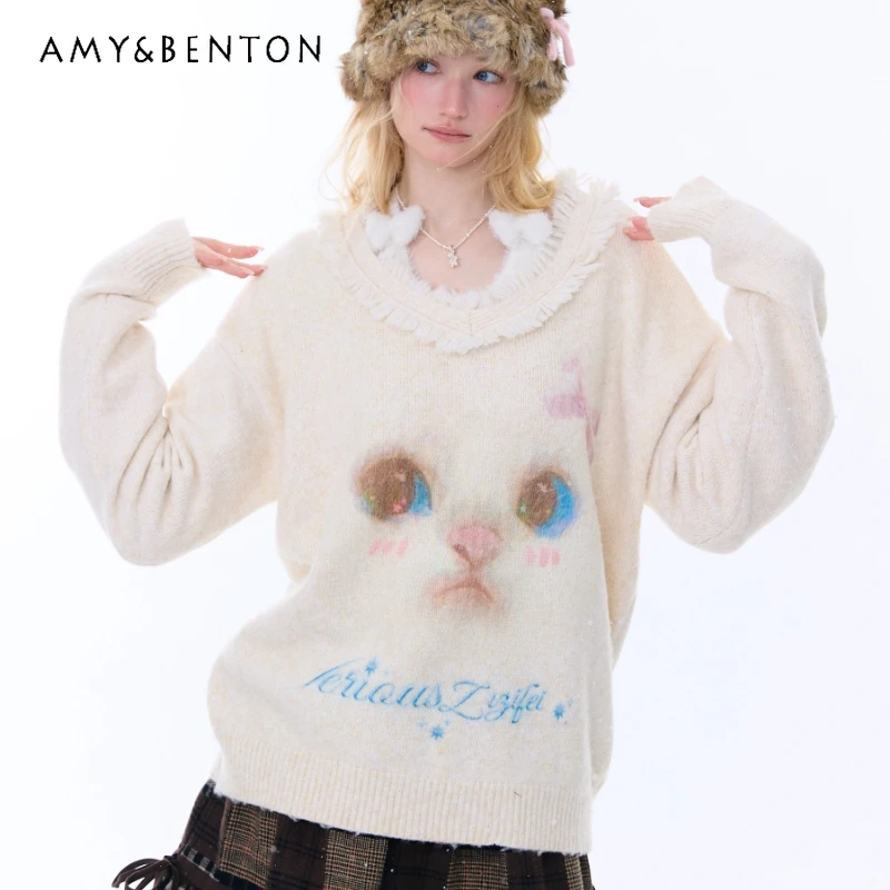 

Осенний новый американский ретро женский пуловер с животным принтом, оригинальный дизайн, плюшевый воротник, свободный универсальный белый свитер для девочек