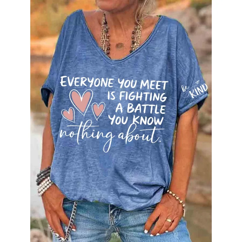 ilstile Women's Mental Health Letter Print T-Shirts Summer Short Sleeve T Shirt Casual Loose V Neck Tops Tees Blue