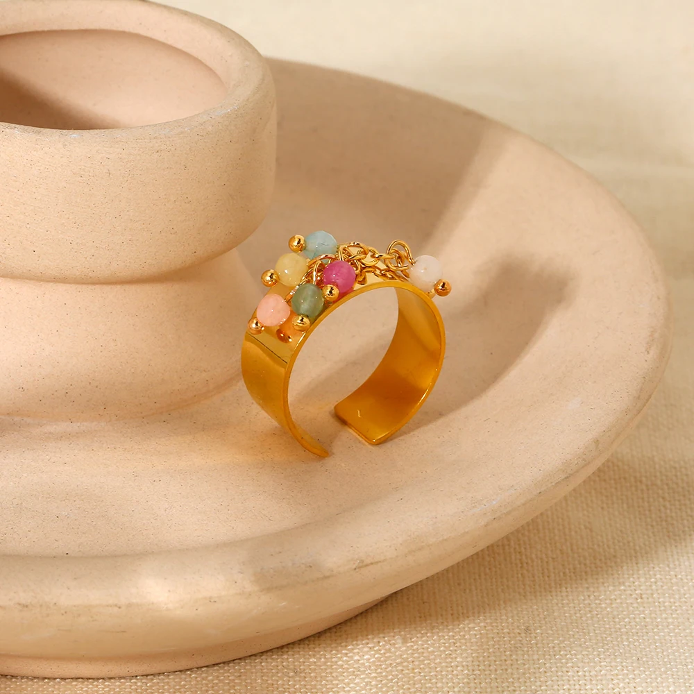 Trend 18K Gold Plated Stainless Steel Colorful Stone Tassel Open Wide Ring For Women Waterproof Jewelry Gift image 5