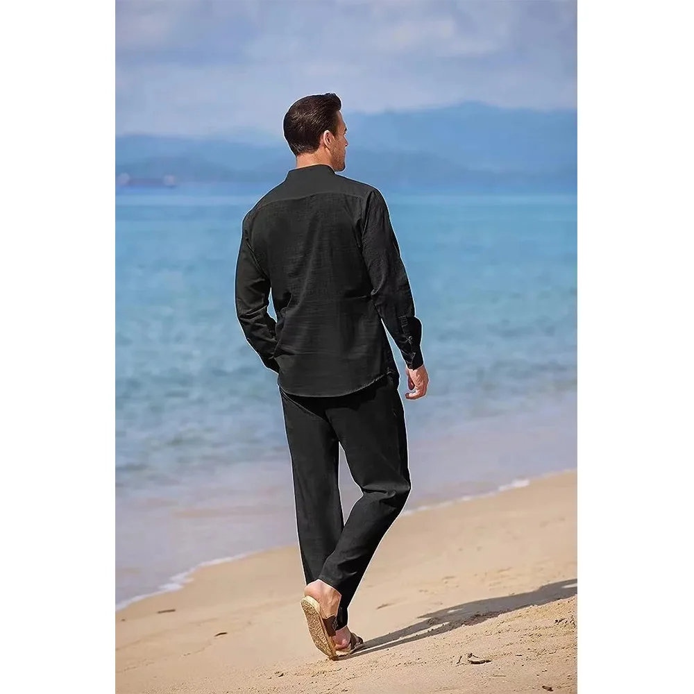 Mens Casual Cotton Linen Two Piece Sets Beach Vintage Basic Shirts and Pants Solid Color Casual Suit Male Hawai Tracksuits Set