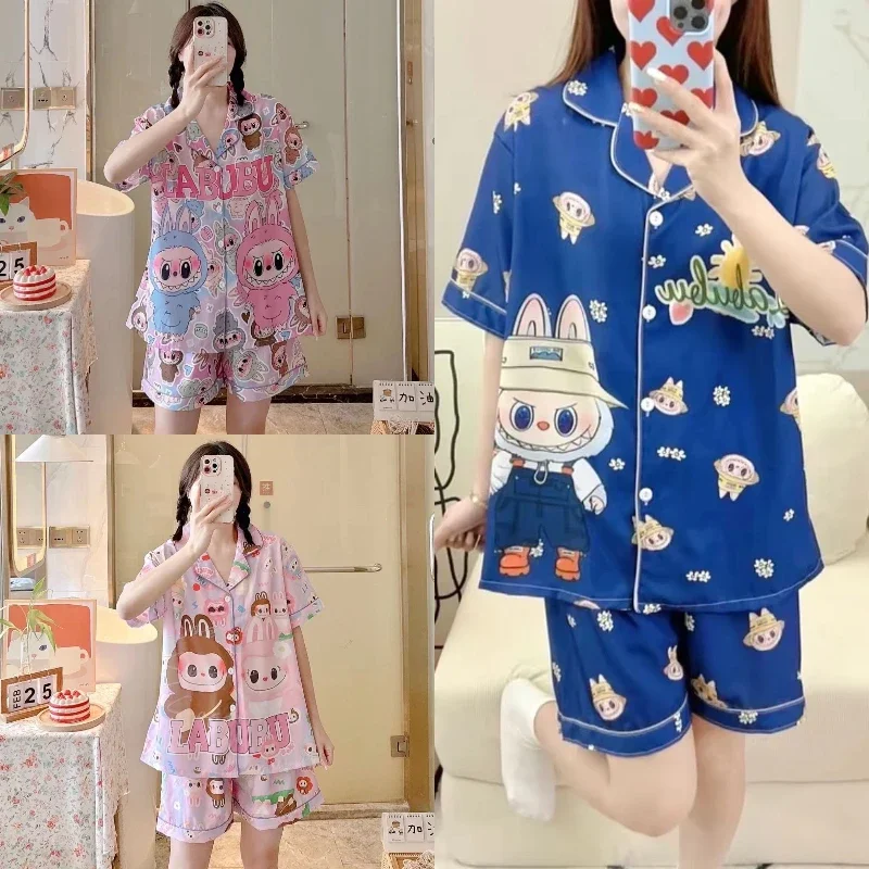 

New Labubu Cartoon 2-Piece Pajama Set Summer Cool Sleepwear Kawaii Print Shorts Set Nursery Loungewear Homewear Trendy Gift Idea