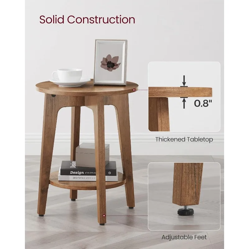 Side Table, Small Round End Table with Lower Shelf, Nightstand for Small Spaces, Living Room, Bedroom, Rustic Walnut ULET283T41