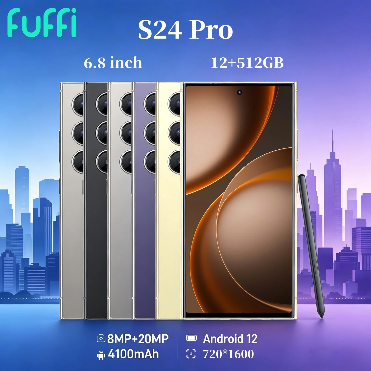 FUFFI S24 Pro Smartphone Android 12G RAM 512GB ROM 6.8 Inch Cellphone 720x1600HD 24+48MP 4800mAh Battery 5G Network Mobile Phone