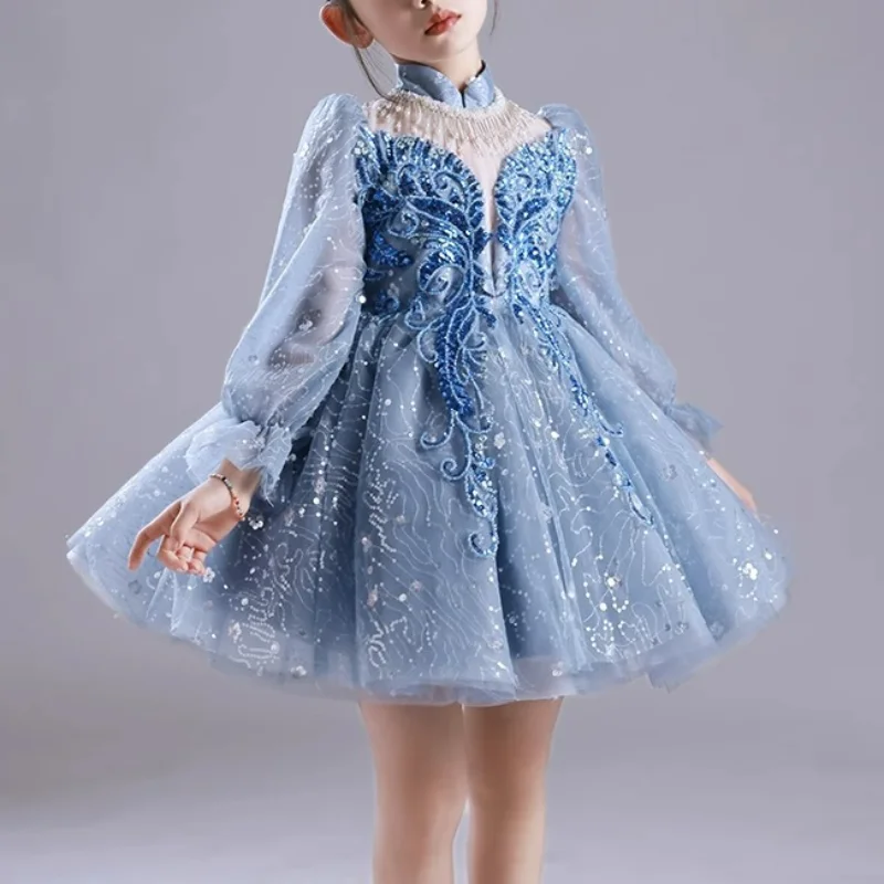 Customized O-neck Long Sleeve Temperament Flower Girls Dresses Sequined Appliques Ball Gown Princess Robe Tiered Kids Birthday P