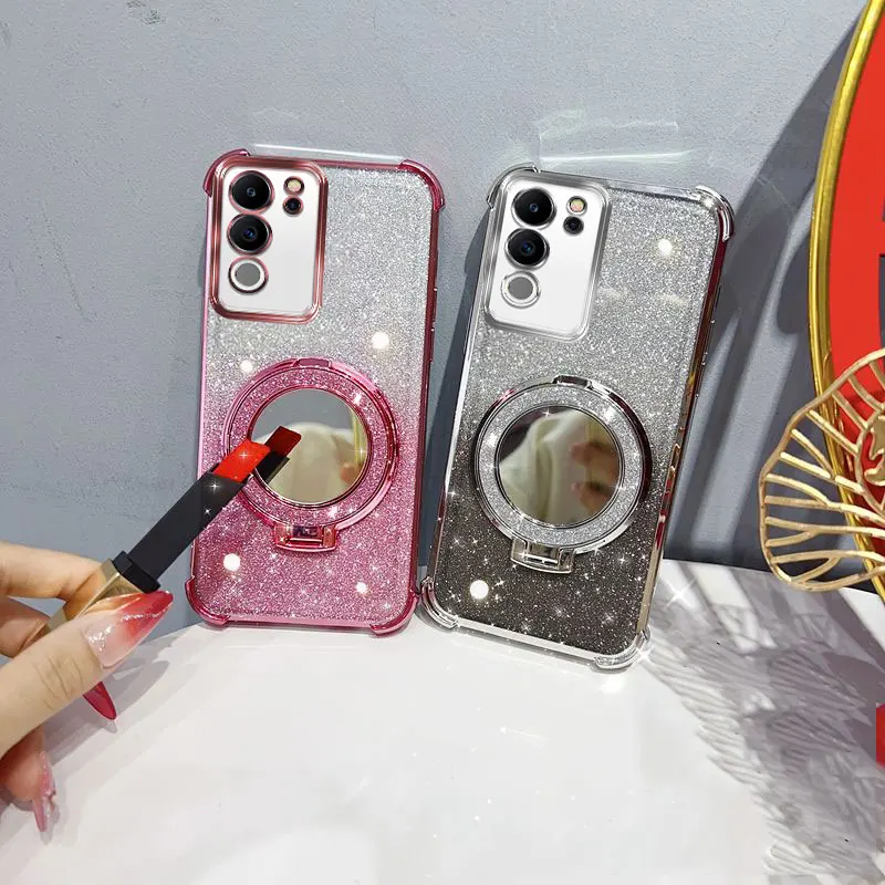 Glitzernde, stoßfeste Handyhülle mit Spiegelständer und Perlenband für Vivo V29 Pro 29pro V29pro Rückseite