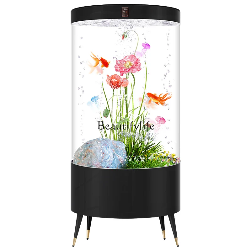 

05-*cylindrical fish tank living room household floor cylindrical glass ecological aquarium automatic filter goldfish tank