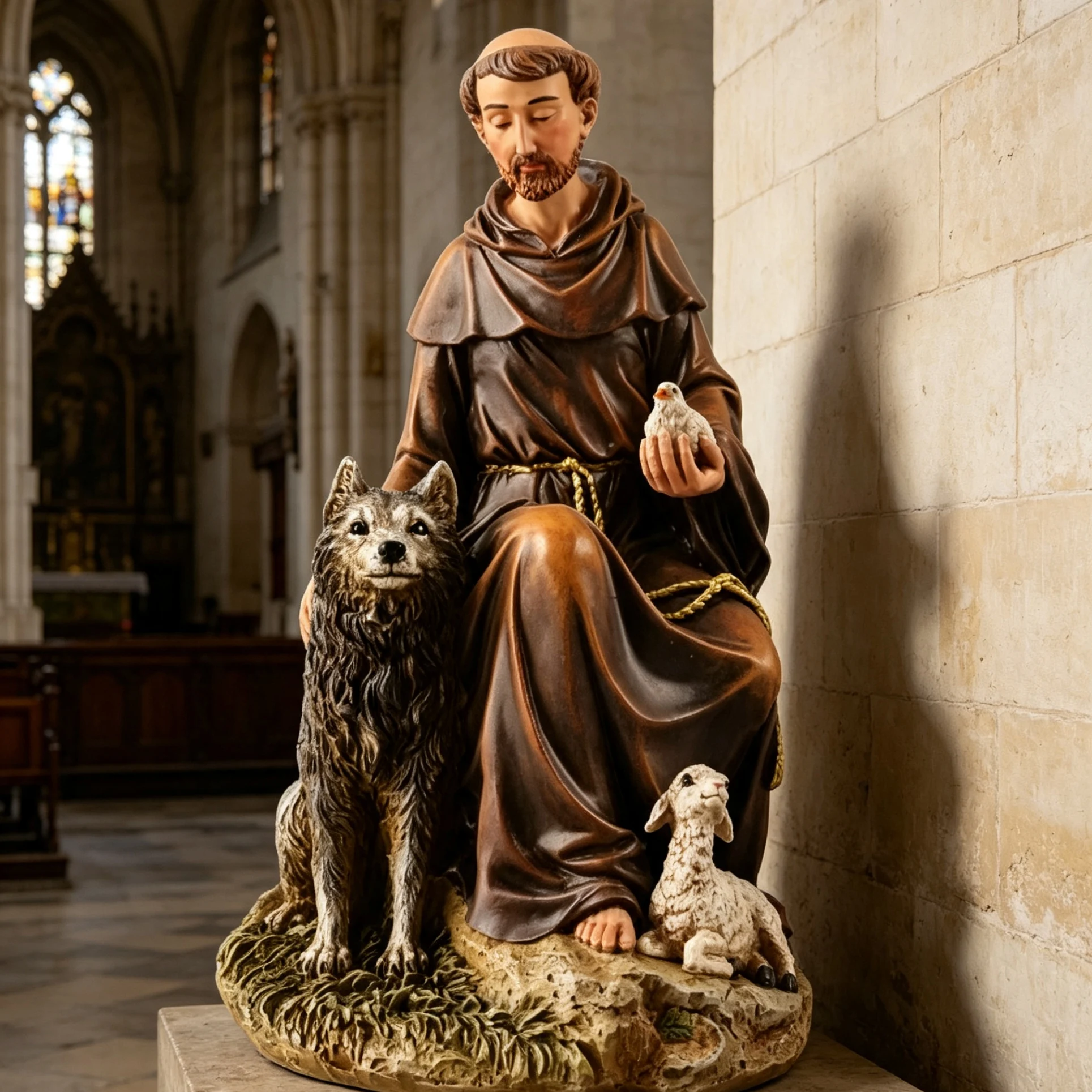 a*-St Francis of Assisi Statue With Wolf Lamb and Bird Large Fiberglass Religious Sculpture for Garden Decor.
