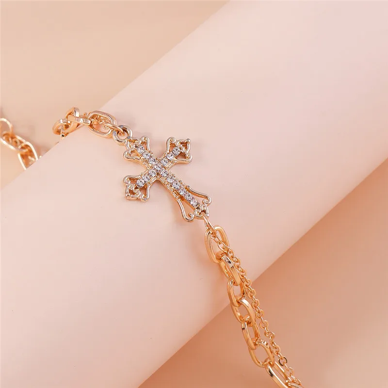 Aihua Gothic Goldfarbenes Kristallkreuz-Fußkettchen für Frauen, Fußschmuck, Sommer, Strand, sexy, weibliches Barfuß-Knöchelarmband für das Bein – Detail 8