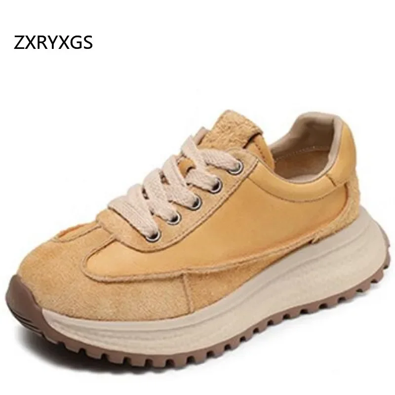 

ZXRYXGS Toe Layer Cowhide Retro Shoes Woman Sneakers 2024 Autumn Casual Fashionable Sneakers Ultra Light Lace Up Women's Shoes