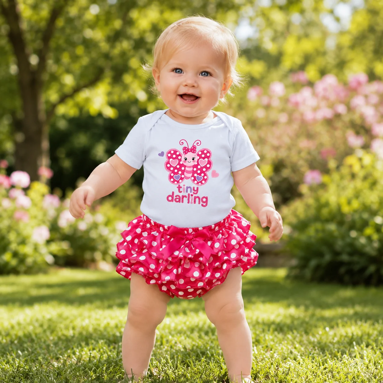 Newborn Baby Girl 2Pcs Summer Outfit Short Sleeve Butterfly Print Tiny Darling Bodysuit + Polka Dot Ruffle Bow Bloomers Infant C