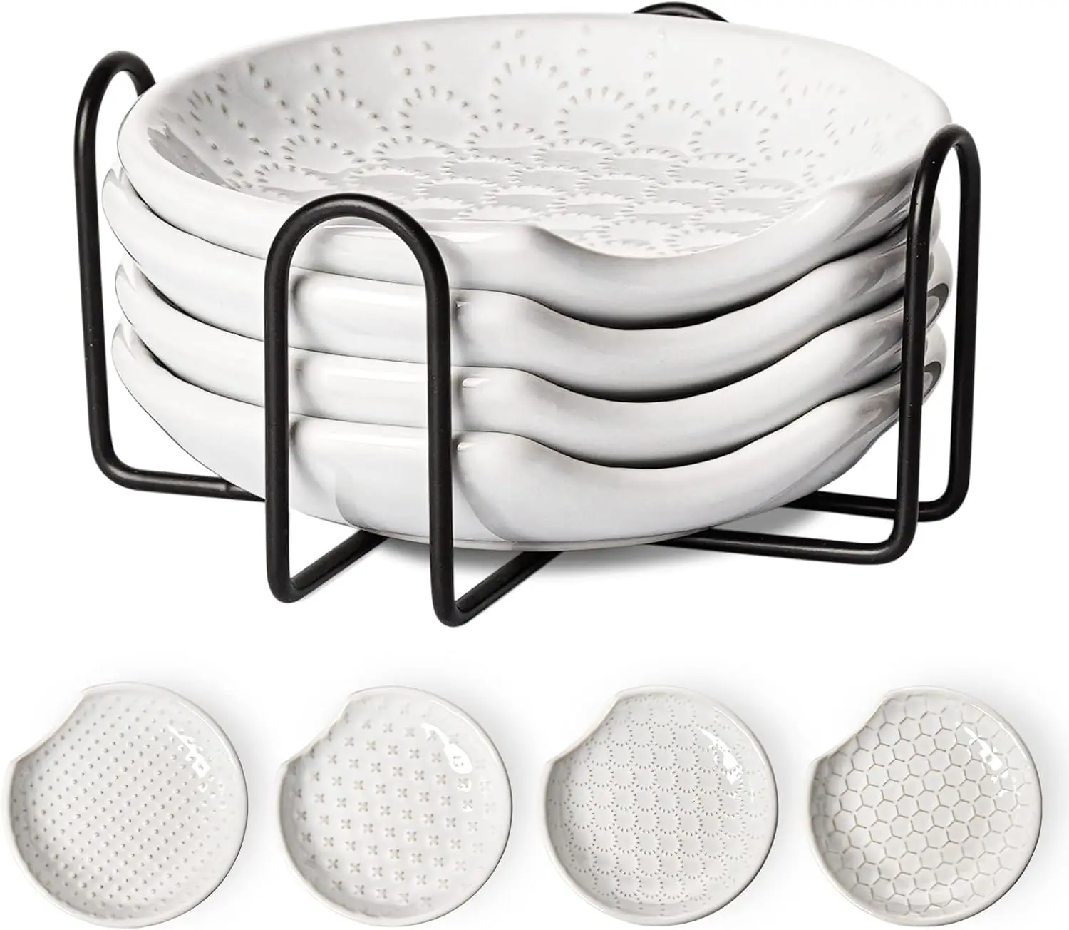 

Spoon Rest Set – 4.8" White Ceramic Utensil Holders with Embossed Design + Metal Stand | Farmhouse Kitchen Decor