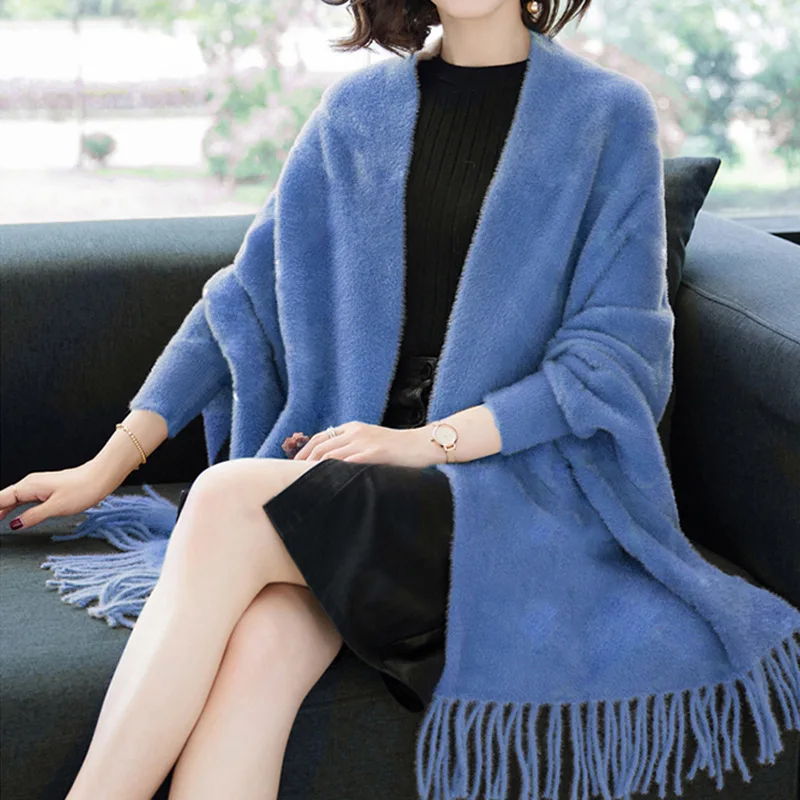 

Pure Color Cheongsam Cloak Sleeve Cloak Scarf Sweaters Women Fashion Pullovers Women Sweaters Sable Hair Fringed Shawl