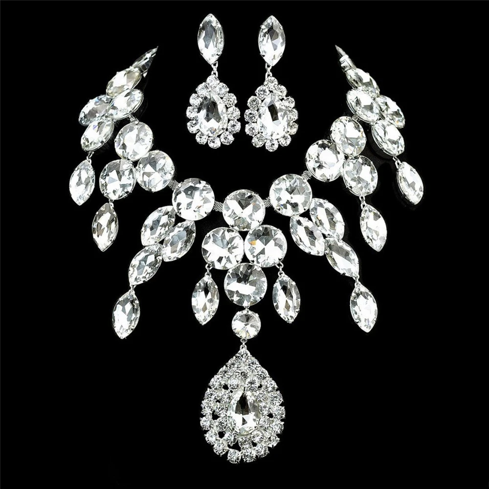 

Baroque Crystal Water Drop Bridal Jewelry Sets Shiny Rhinestone Necklace Earrings for Bride Wedding Dubai Accessories Set