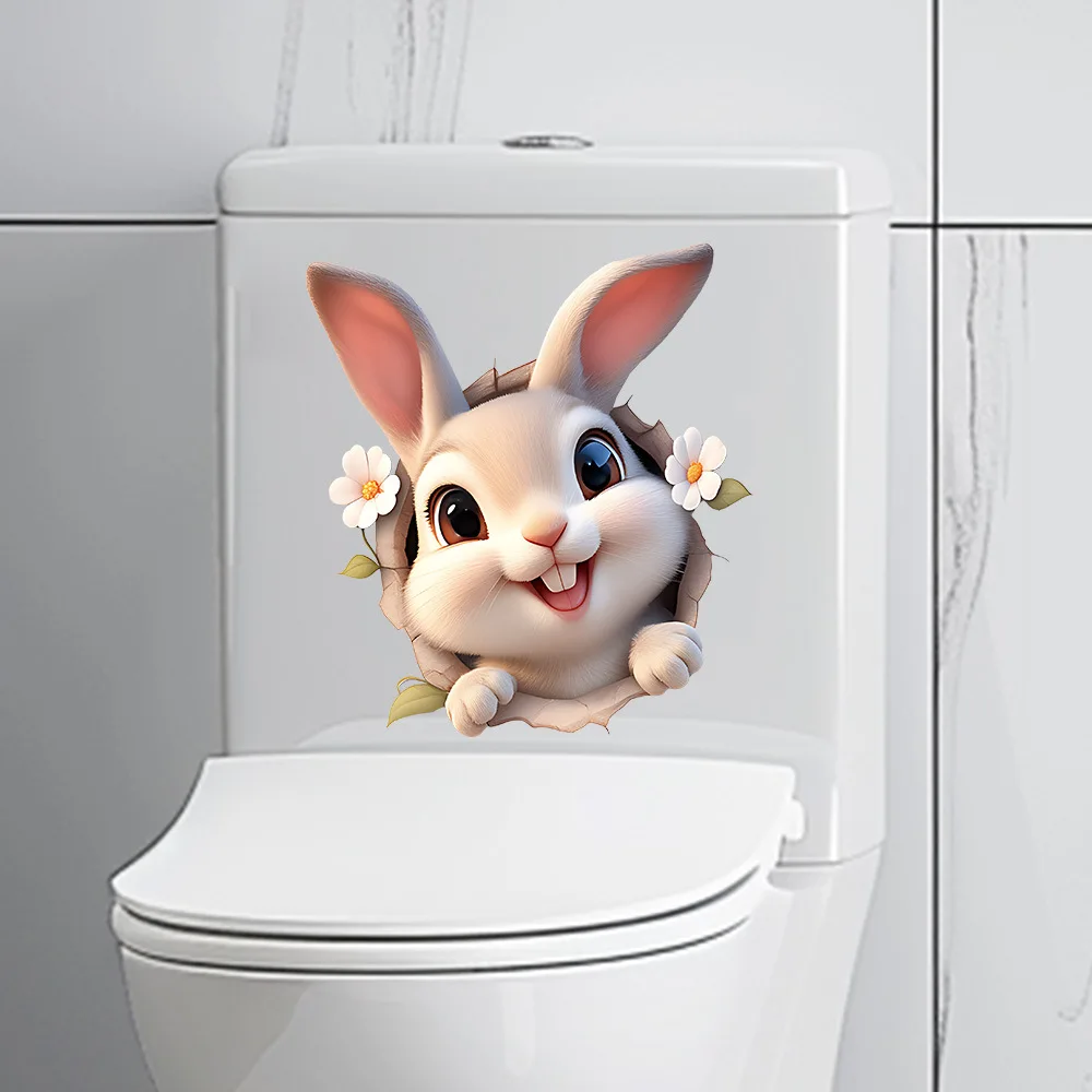 Cute Cartoon Toilet Stickers Waterproof Rabbit Toilet Seat Decals Removable Bathroom Decor for Kids Bathroom Home