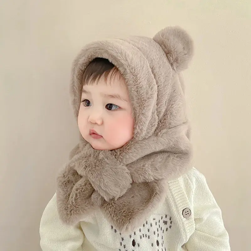 Winter Baby Soft Plush Hat Scarf One Piece Faux Fur Kids Hats Cartoon Bear Warm Neck Ear Cap for Boys Girls Windproof Beanies