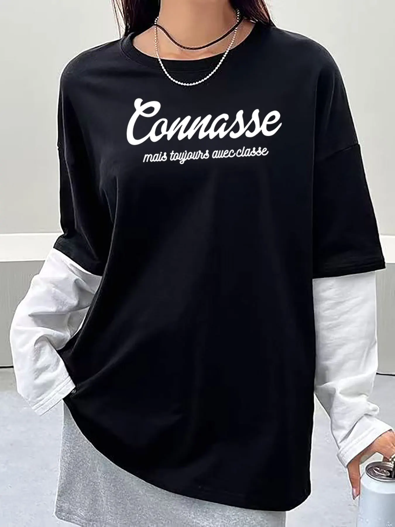 

Oversize Long Sleeves Vintage Letter Print T Shirts Fake Two Piece Design T Shirts Women Clothes Y2k Top Clothes for Spring