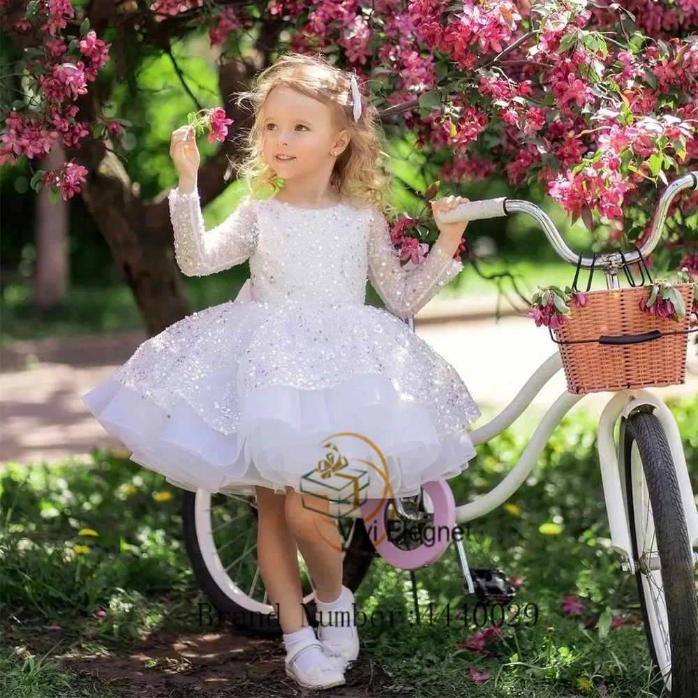 White Flower Girl Dresses with Sequined Scoop Knee Length Tutu Wedding Party Gowns Full Sleeve New Summer فساتين للحفلات الراقصة