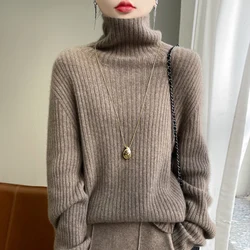 Women 100% Merino Wool Sweater Turtleneck Knitted Vertical Stripes Pullover Autumn Winter Thickened Cashmere Casual Knitwear Top