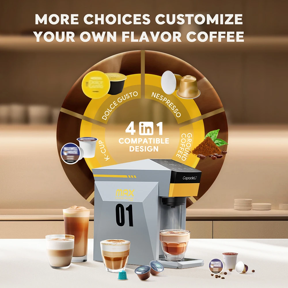 icafilas 5 in 1 Multiple Capsule Coffee Machine DG Cappuccino Nespresso Small Capsule Pod KCUP Ground Coffee Tea Cafeteria 19Bar