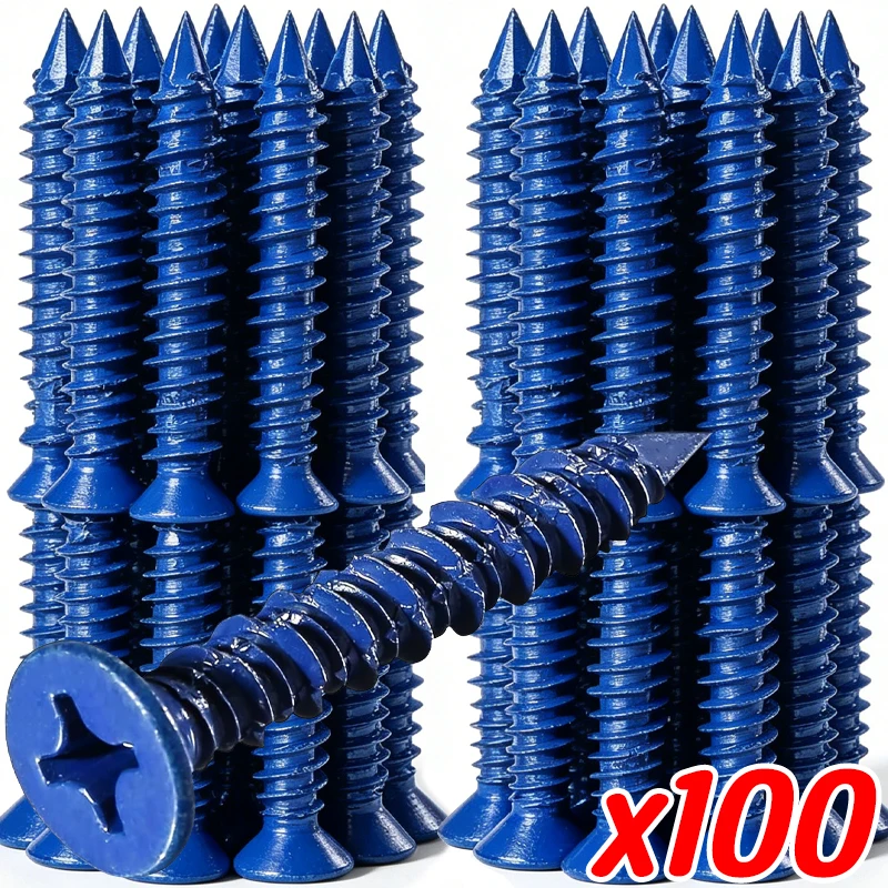 100/50x Concrete Screws High and Low Thread Masonry Screws Blue Flat Head Cement Block Installing Fasteners Hardware Supplies