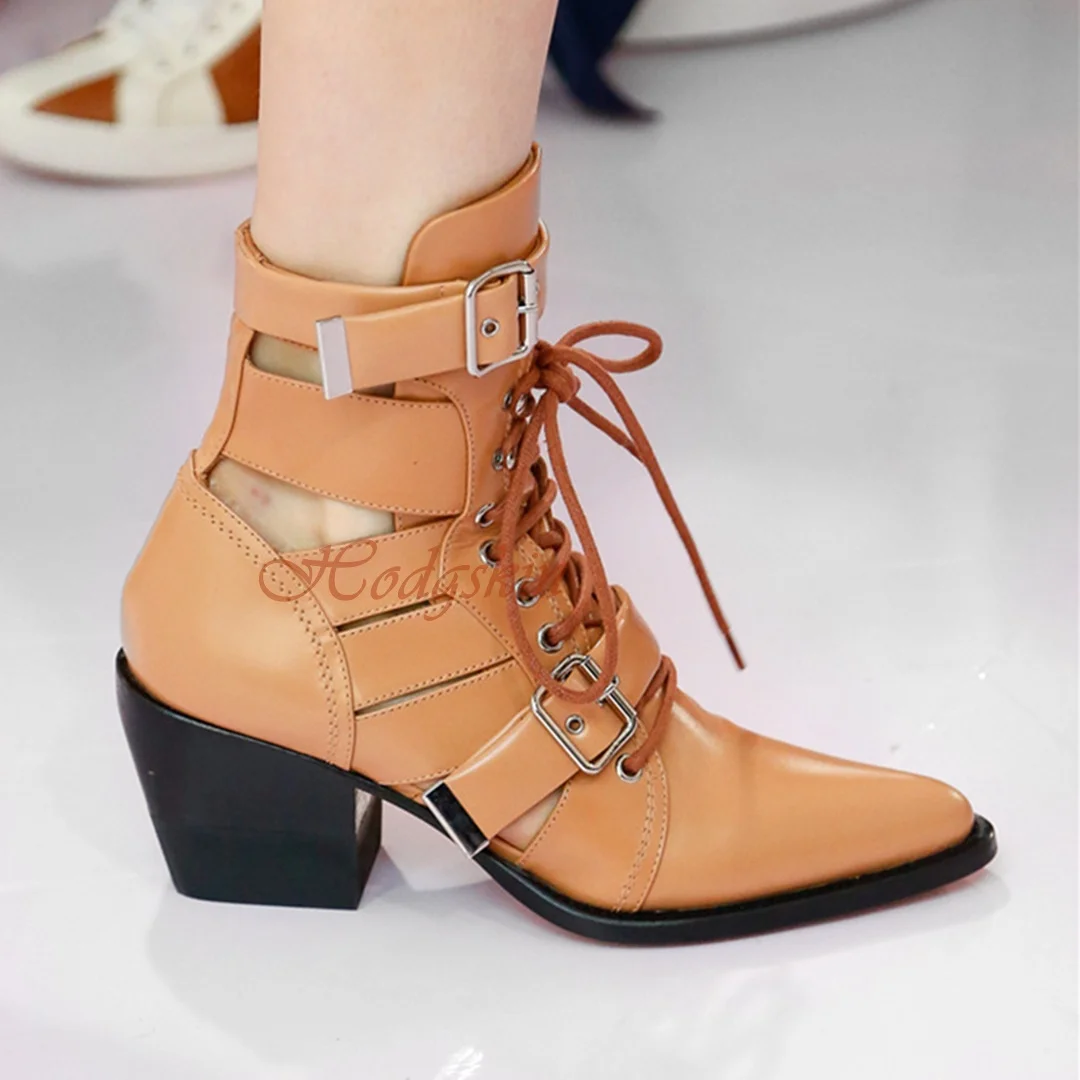 

Buckles Straps Ankle Boots Pointy Toe Solid Leather Chunky Med Heels Lace Up Pumps Women Short Boots New Style Spring Autumn