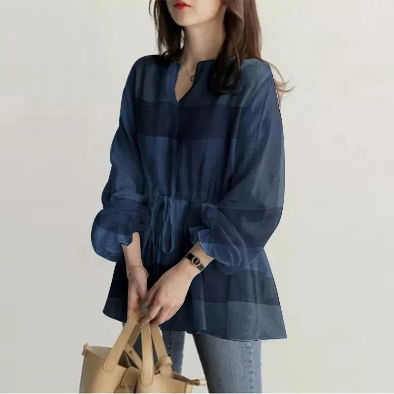 2024 Lattice Long Sleeve V-Neck Shirts Women's Blouse Drawstring Waist Top Korean Elegant Office Large Size Women Shirt