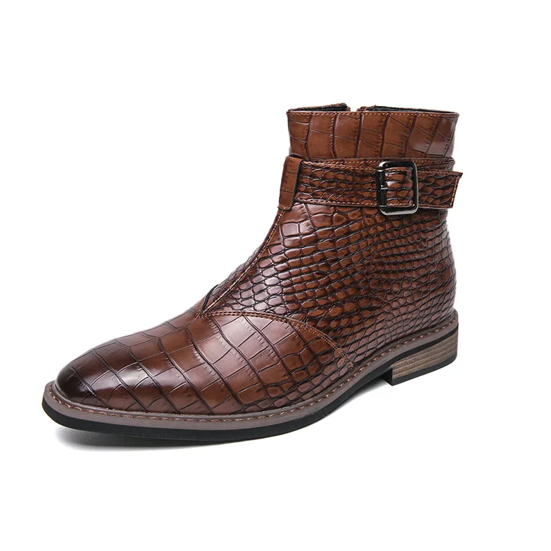 

Men's Ankle Boots Fashion Pointed Leather Boots Designer Crocodile Pattern High-top Boots for Men Casual Business Dress Booties