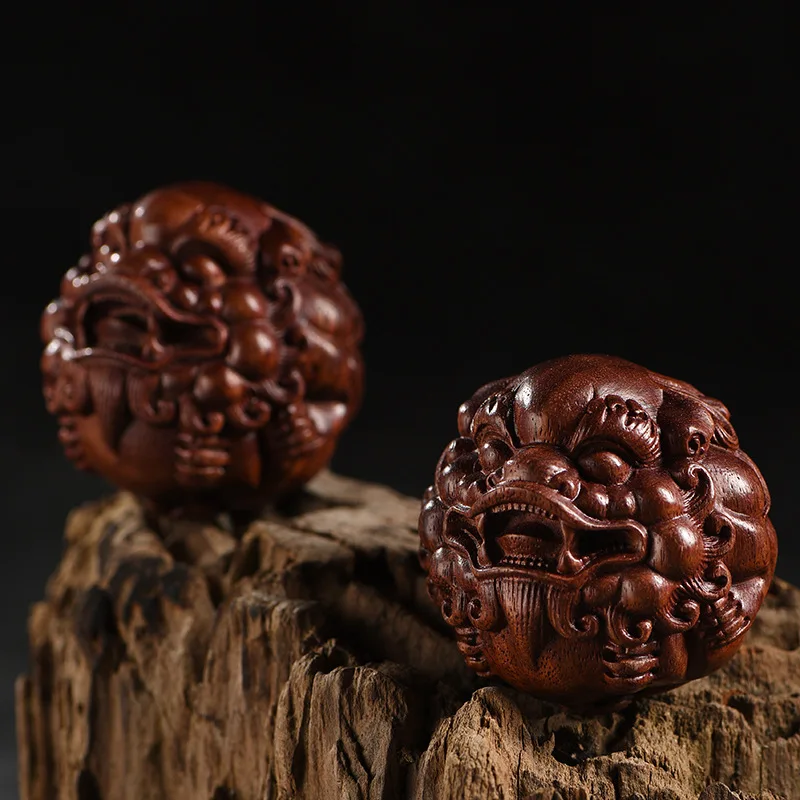 Chinese Style Red Sandalwood Carved Pixiu Hand Massage Balls 2pcs Solid Wood Craft Baoding Balls For Hand Exercise Stress Relief