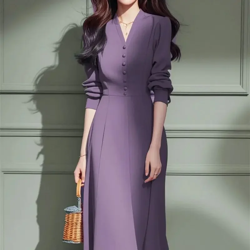 

New High End Elegant Dress Women Spring Fashion V-Neck Long Sleeve Buttons Slim Midi Party Dresses Solid Color Robe Femme